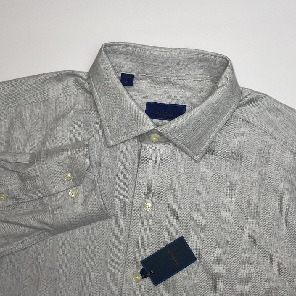 NEW‎ David Donahue Button Down Dress Shirt Men Medium Pearl Grey Herringbone L/S